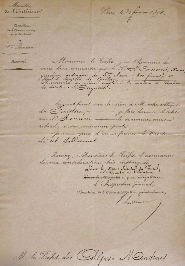 Nomination des gardiens de prison de l'le Sainte Marguerite - Monsieur RENUCCI Xavier - 20 fvrier 1874 (AD06_1Y24)