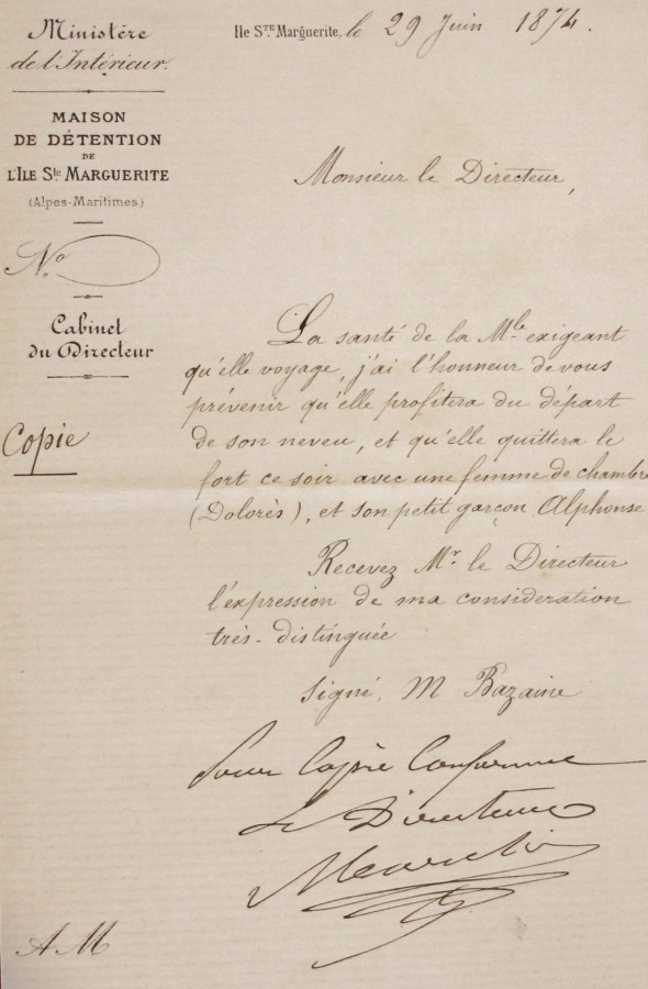 Autorisation de Monsieur MARCHI pour que Madame BAZAINE puisse quitter l'ile - 29 juin 1874 (AD06_1Y24).jpg