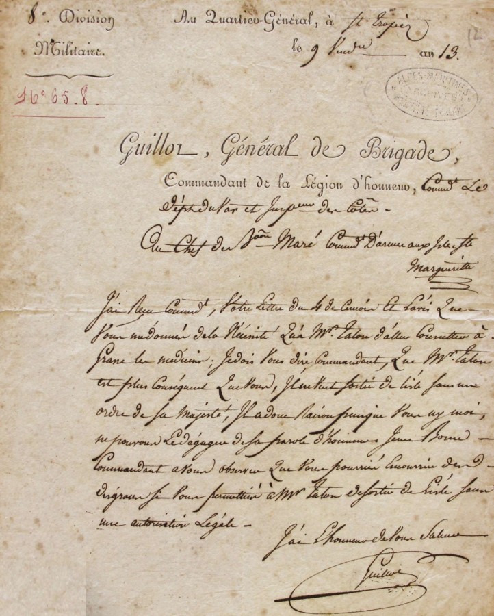 Lettres relatives  la dtention d'Omer Talon - 9 vendmiaire an XIII (AD06_1J100)