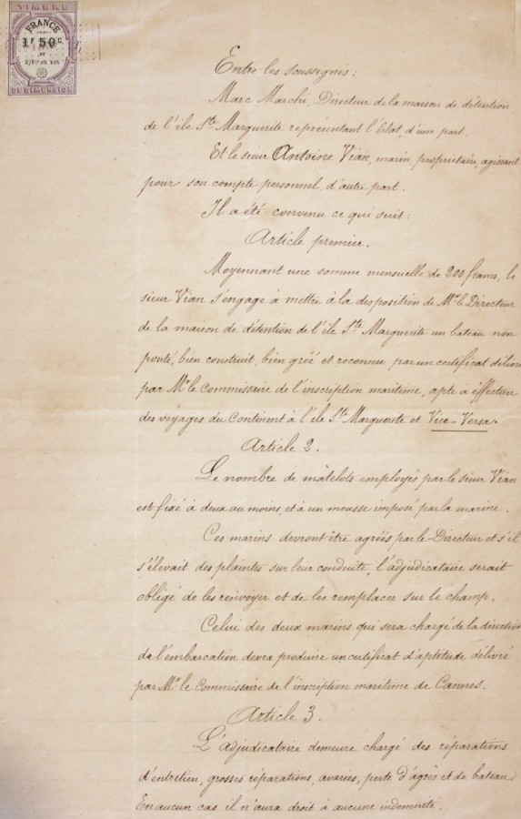 Contrat pour effecteur des voyages entre le contient et l'le - 15 fvrier 1874 (AD06_1Y24(1))