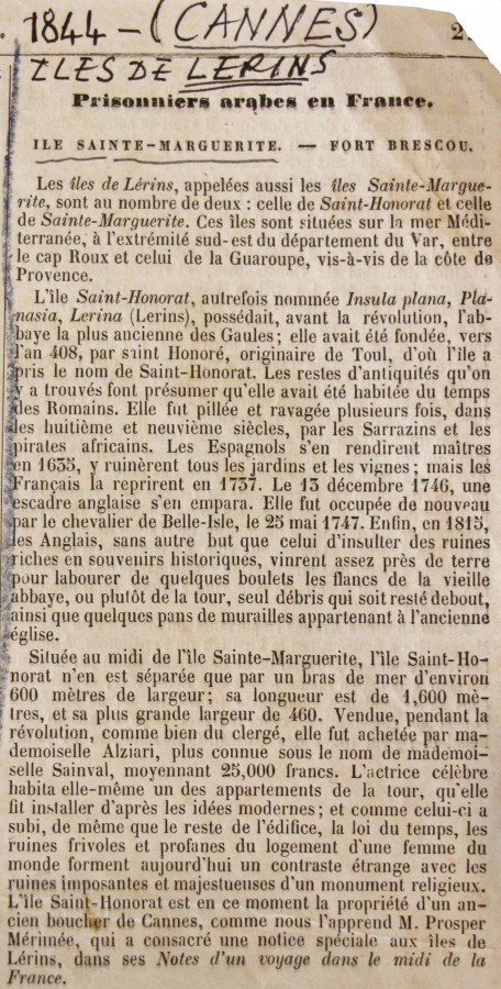 Article sur les prisonniers arabes  l'le Sainte Marguerite - L'Illustration, Journal Universel - 1844 (AD06_1Z263(1))