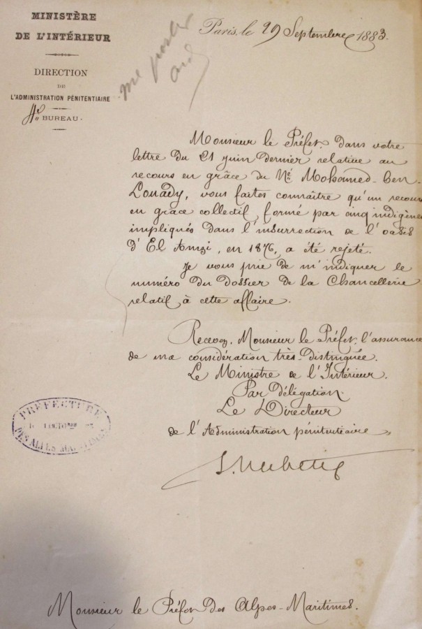 Dpt des interns arabes  l'ile Sainte Marguerite, demande de grce - 29 septembre 1883 (AD06 1Y24)