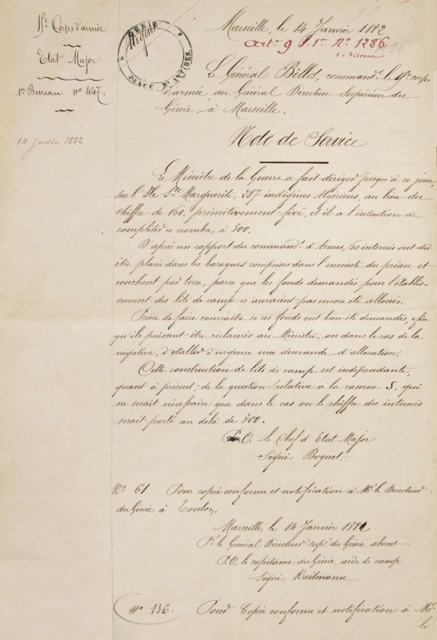 Note de service sur l'emprisonnement des prisonniers arabes  l'le Sainte Marguerite - 14 janvier 1882 (AD06_2R155)