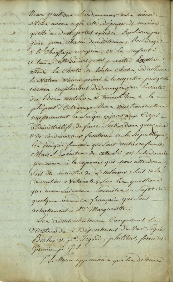 Courrier des administrateurs du Directoire  propos des migrs dtenus au fort de l'le Ste Marguerite en 1792 (2J1_006)