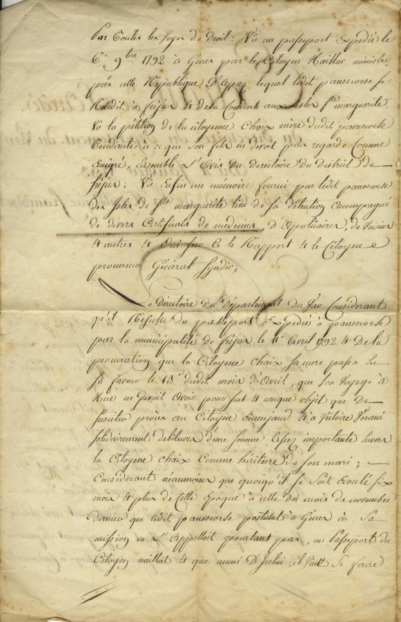 Extrait de l'arrt du Directoire du dpartement du Var concernant un prtre migr en 1793 (2J1_002)