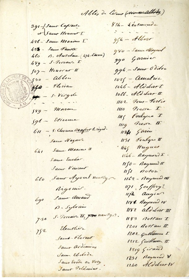 Liste de l'Abb Tisserand, manuscrit, 11S61