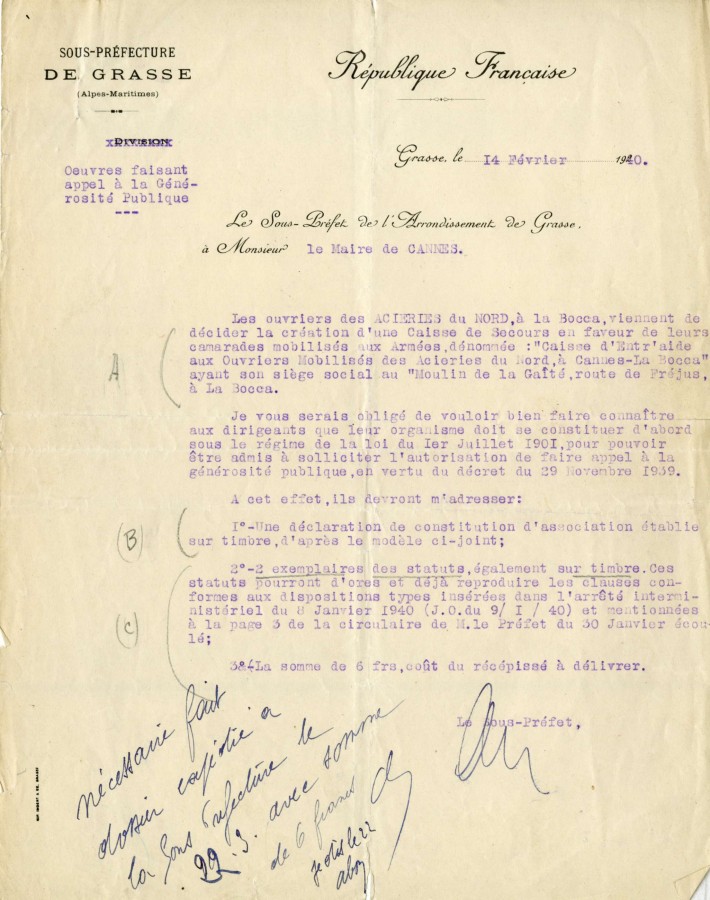 Lettre pour la cration d'une Caisse de Secours aux ouvriers des Acieries du Nord. 1940 (4H74)