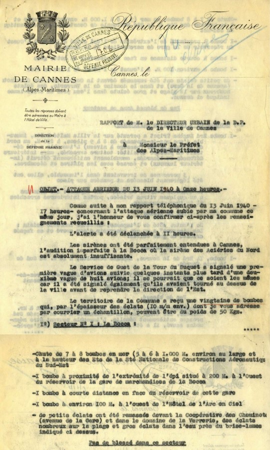 Rapport de M. le Directeur Urbain de la Ville de Cannes suite aux bombardements de 1940. 1940 (4H46)