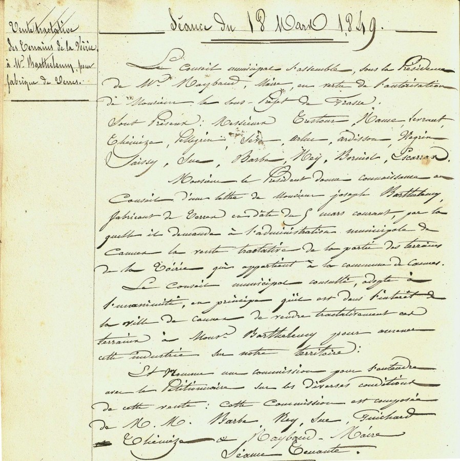 Dlibration municipale pour la vente tractative des terrains de la voirie  M. Barthlmy pour fabrique de verres. 1849 (1D13)