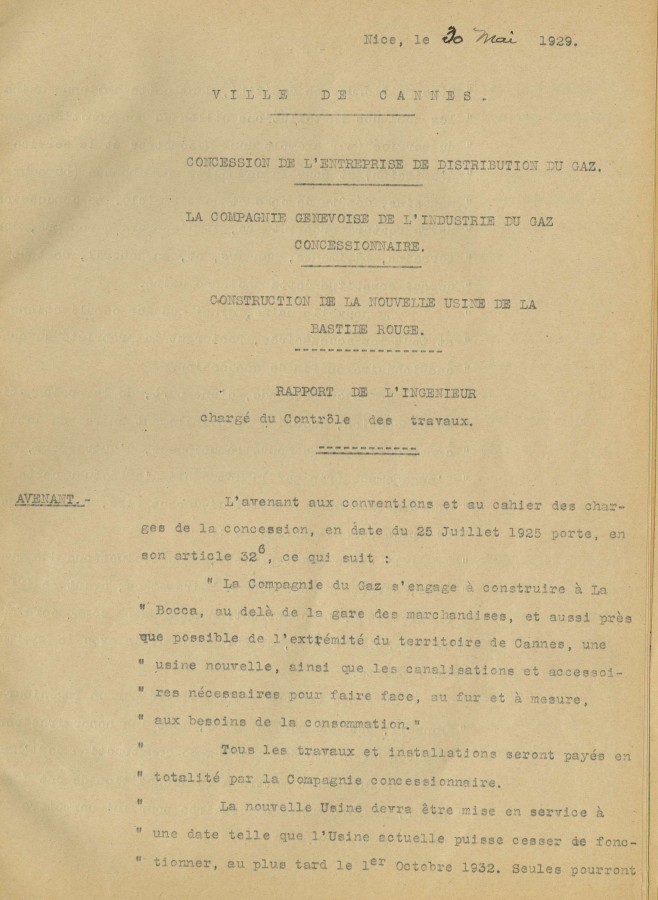 Extrait du rapport pour la construction d'un nouvelle usine  gaz  la bastide rouge, quartier La Bocca. 1929 (8O4)