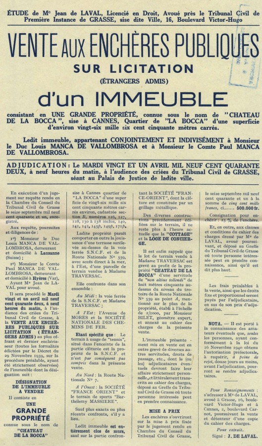 Vente aux enchres publiques du chteau de La Bocca. 1942 (7W241)