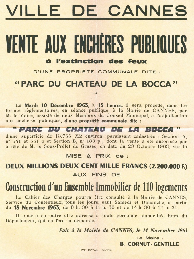 Vente aux enchres publiques du parc du chteau de La Bocca. 1963 (7W241)