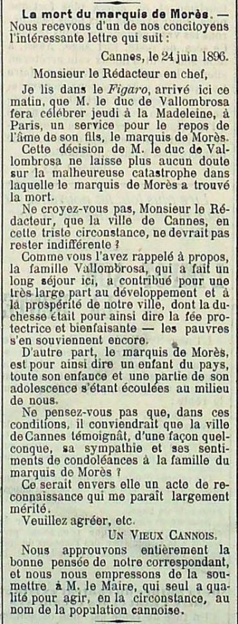 Article de presse, du Courrier Cannes, sur la mort du Marquis de Mors. 1896 (Jx5)