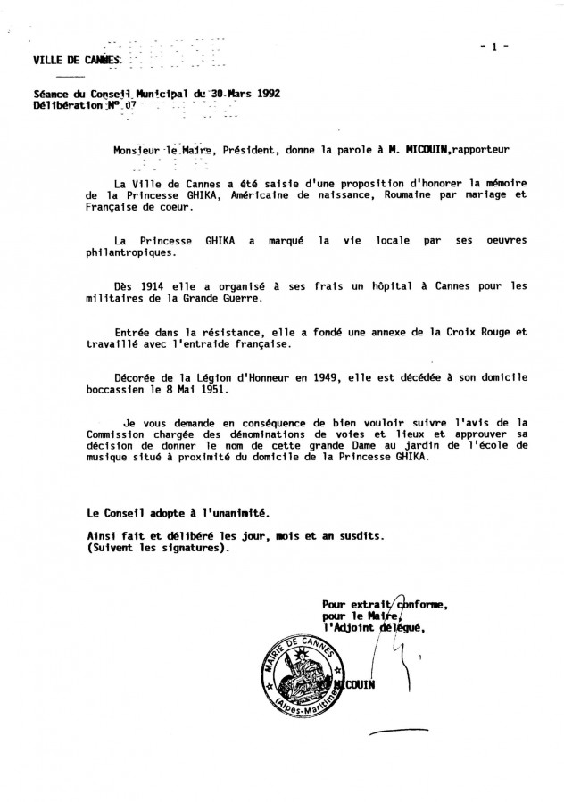 Hommage  la princesse Ghika, dlibration du 30 mars 1992 (AMC 57W70_fo87)