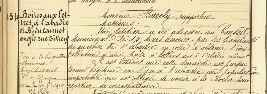 Bote aux lettres pour l'Abadie, dlibration du 12 juillet 1910 (1D44_154)