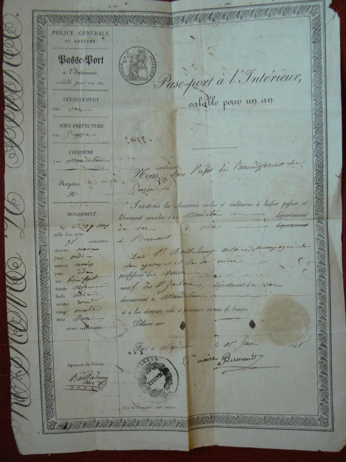 Passeport pour A. Barthelemy verrier 1845