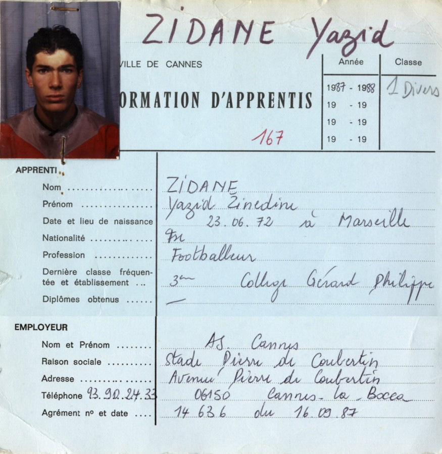 Centre de formation, enregistrement de l'lve Zidane, 1987-1988 (cote 275W33)