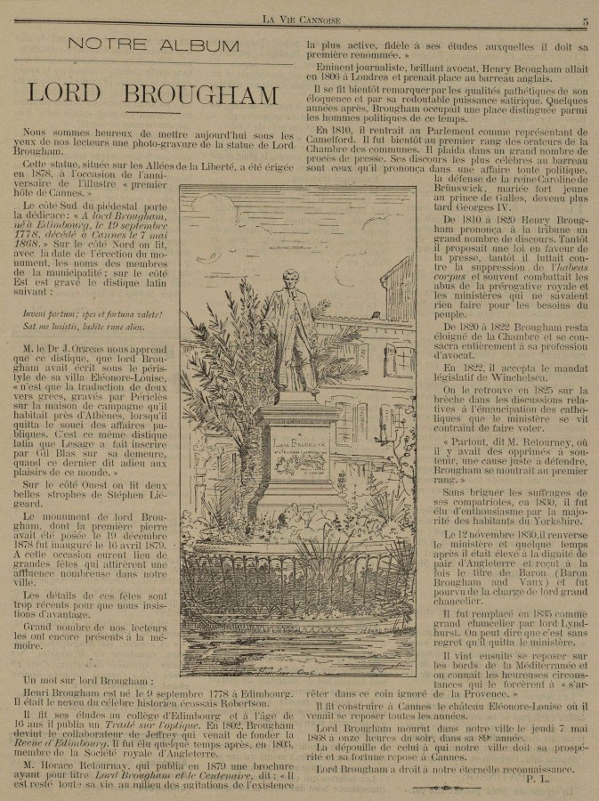 Lord Brougham, article de La Vie Cannoise, 1894, AMC 101Num7