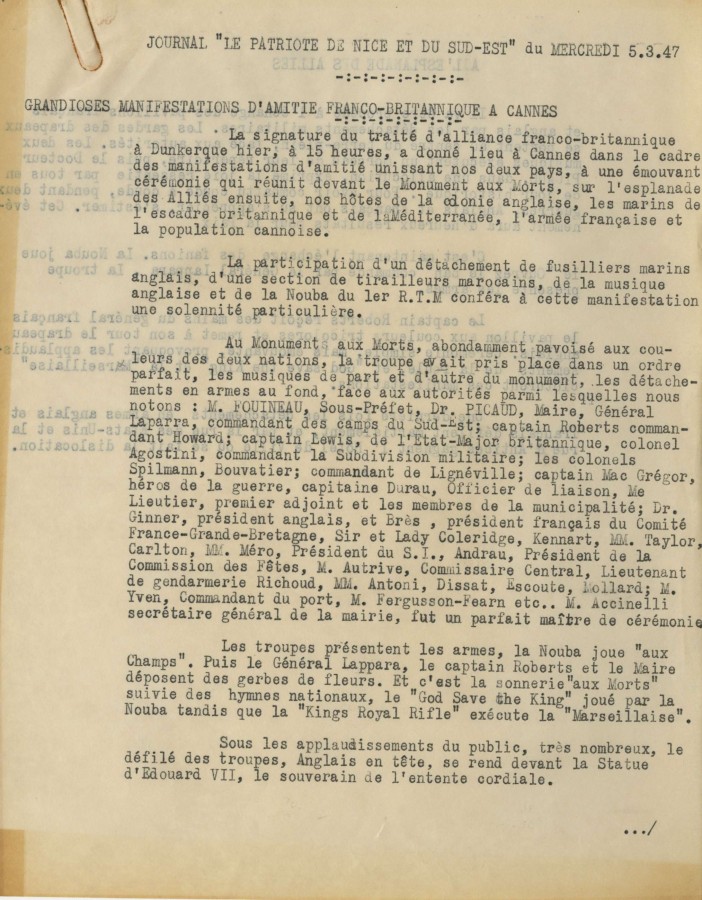A l'occasion de la signature du trait d'alliance franco-britannique, 1947