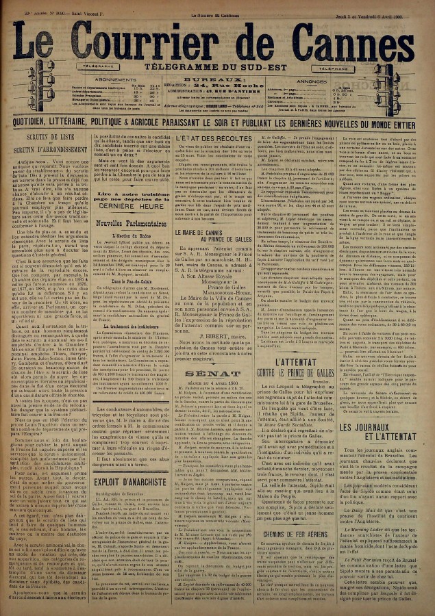 Exploit d'anarchiste, 1900, Une du Courrier de Cannes du 6 avril