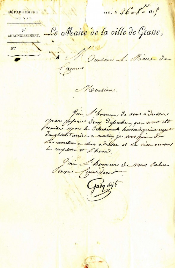 Lettre du maire de Grasse au maire de Cannes, 26 octobre 1815 (4H2)