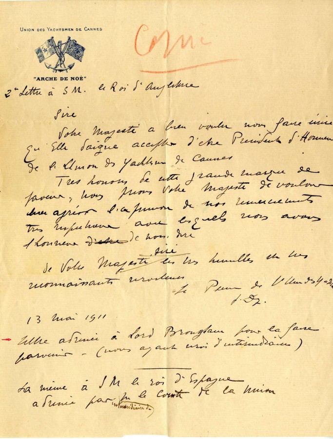 Lettre pour l'Union des Yachtsmen, 1911