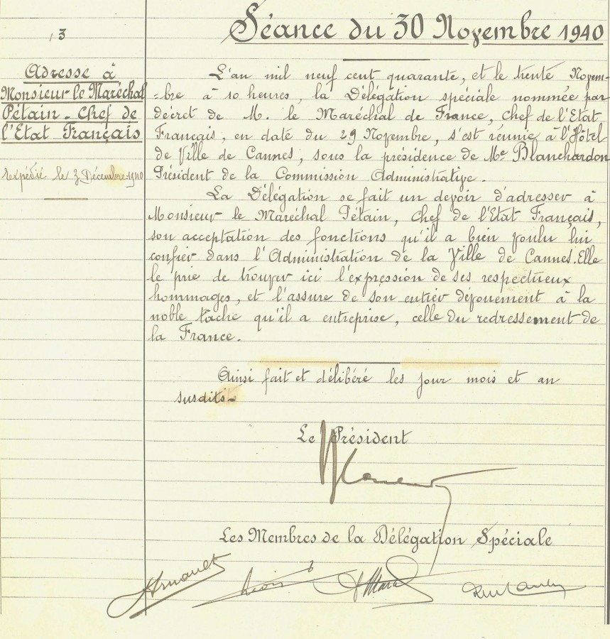 Adresse de la Dlgation spciale de la ville de Cannes  Monsieur le Marchal Ptain, chef de l'Etat Franais, du 30 novembre 1940 (1D63)