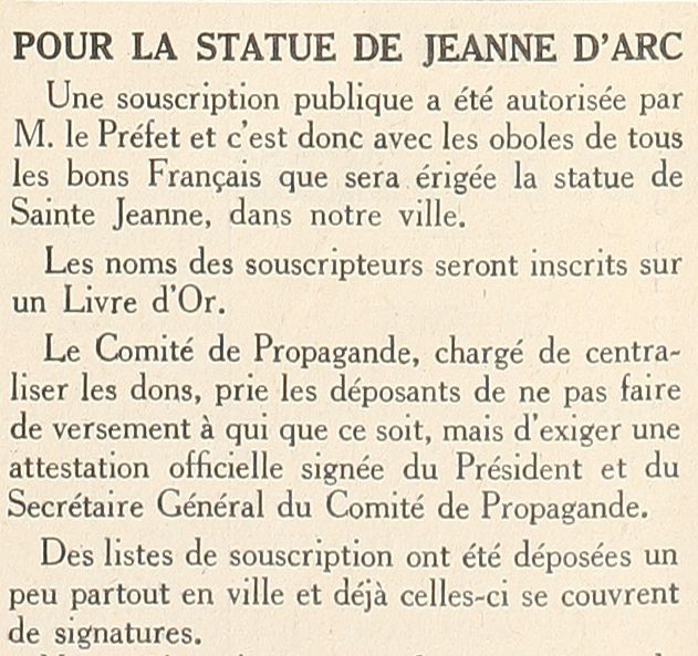Article du journal le Littoral au sujet de la statue de Jeanne d'Arc, 7 mai 1942 (Jx45)