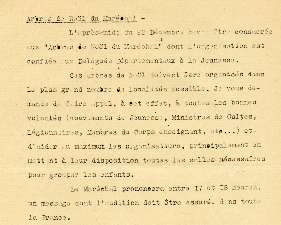 Extrait d'une lettre pour l'organisation de l'arbre de Nol du Marchal pour les enfants, 8 dcembre1941 (1J27)