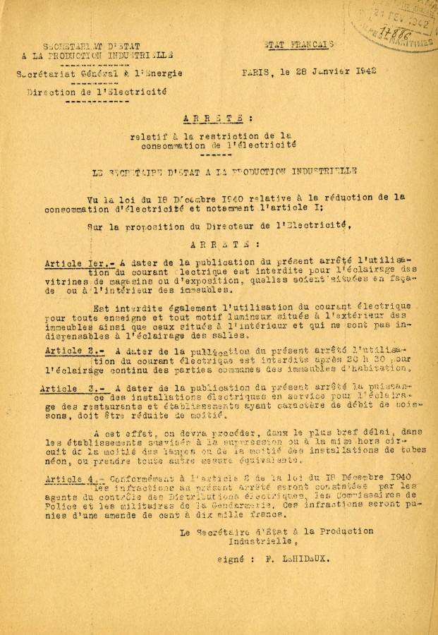 Arrt sur la restriction de la consommation de l'lectricit, 1942 (6F19)