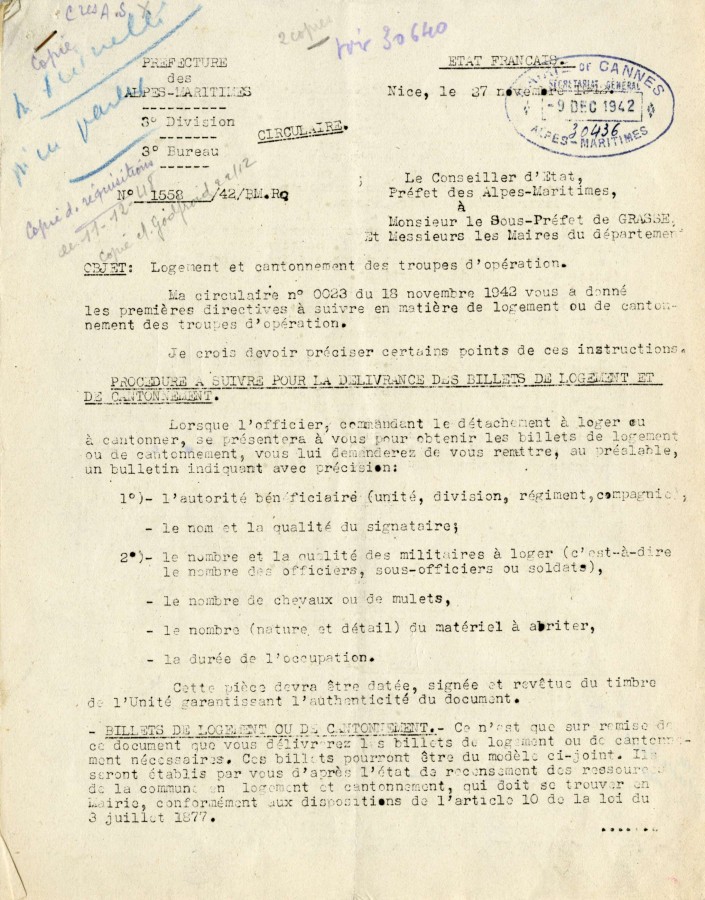 L'occupation italienne - Logement et cantonnement, 1942 (4H31)