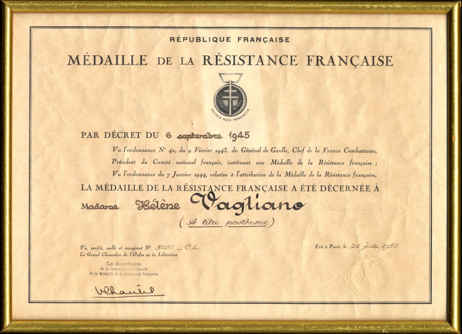 Hlne Vagliano, mdaille de la Rsistance Franaise, 1950 (49S2)