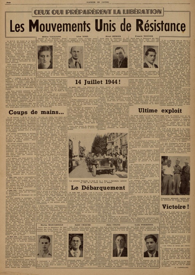 Article du journal L'Avenir sur les Mouvements Unis de Rsistance, 25 aout 1945 (Jx14)