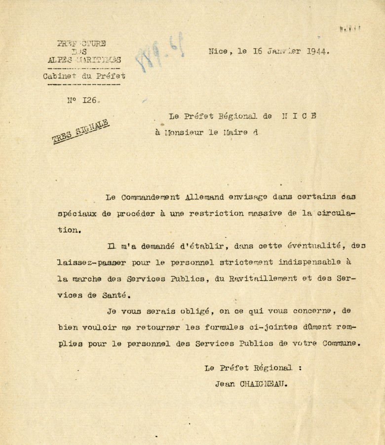 Lettre au sjuet des laissez-passer, 1944 (4H36)