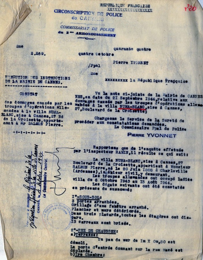 Lettre au sujet des dgts causs par les troupes allemandes  la villa Numa Blanc sur la Croisette, 1944 (4H37)