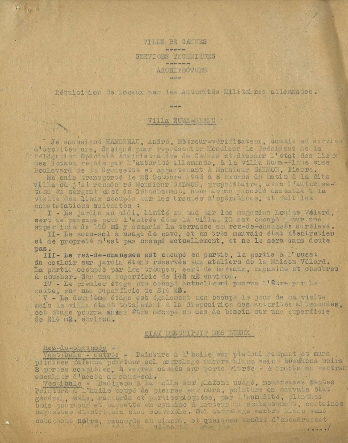 Rquisition de la villa Numa Blanc sur la Croisette par les Autorits Militaires Allemandes, 1943 (4H37)