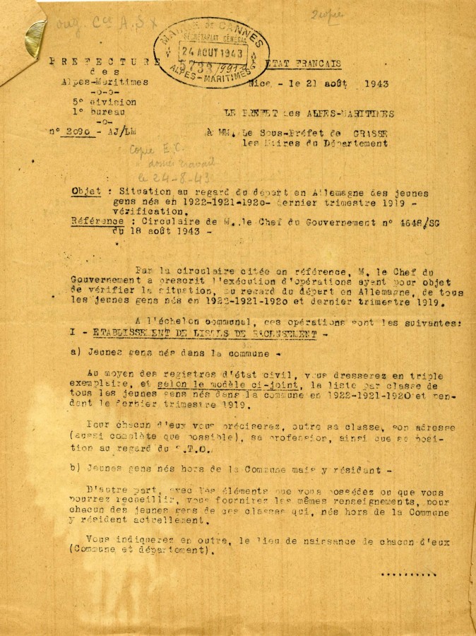 Circulaire pour le Service du Travail Obligatoire , 1943 (4H52)