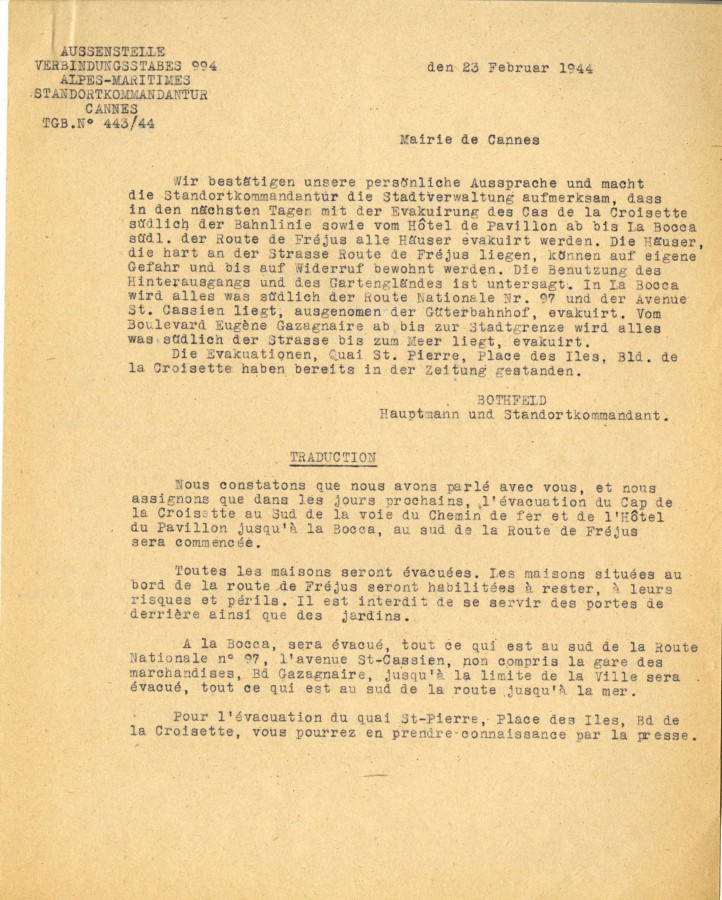 vacuation des htels de la Croisette par ordre des Autorits Allemandes, 1944 (4H55)