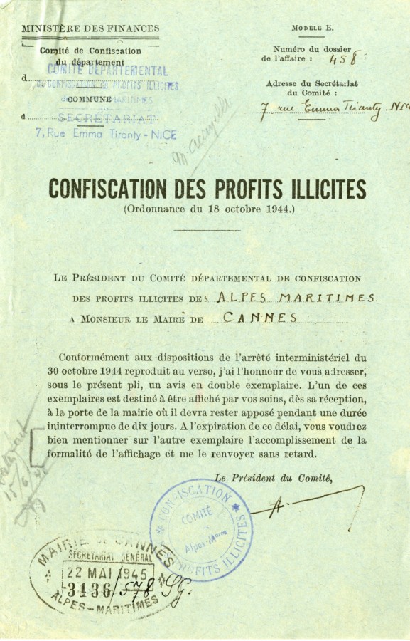 Confiscation des profits illicites, 1945 (4H61)