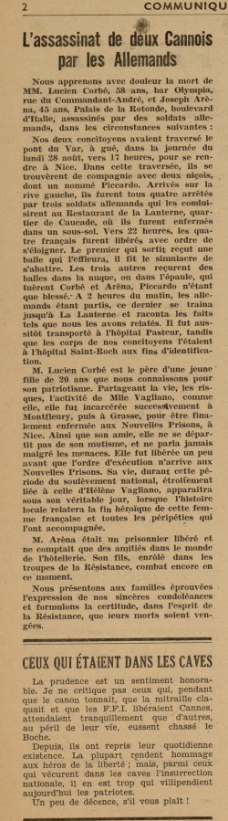 Article du journal Communique de Presse sur l'assassinat de deux Cannois par les Allemands, 9 septembre 1944 (Jx112)
