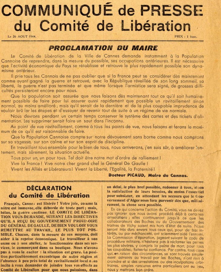 Communiqu de presse du Comit de Libration, 26 aot 1944 (4H60)