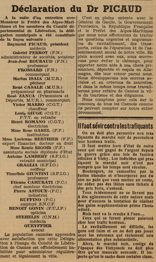 Article de presse du journal Cannes Riviera sur la dclaration du Docteur Picaud, 14 septembre 1944 (Jx108)