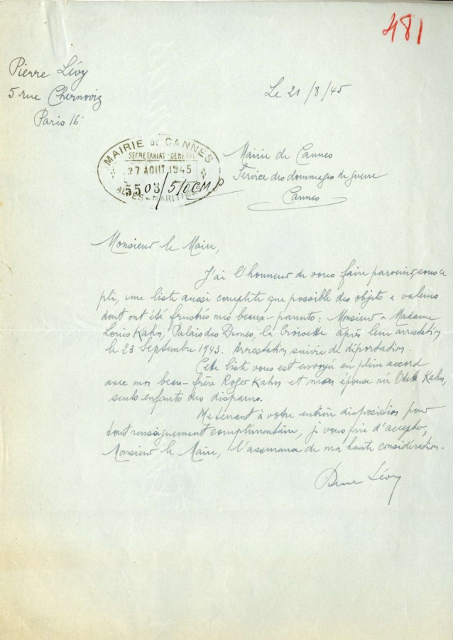 Arrestation et vols d'objets de la famille Kahn au Palais des Dunes, 1945 (4H35)