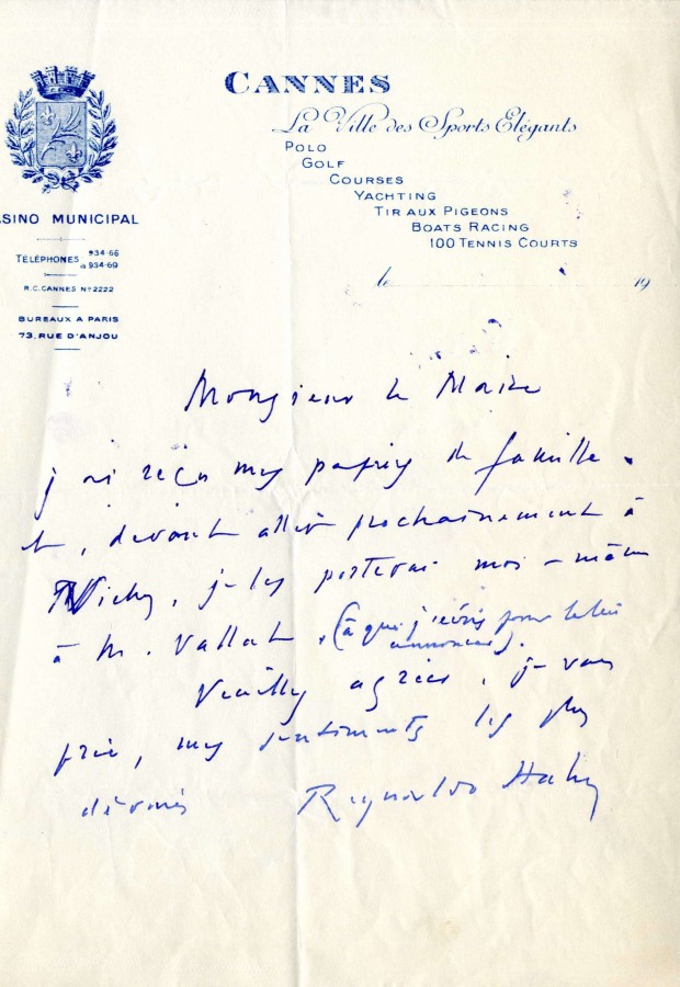 Lettre manuscrite de Reynaldo Hahn au Maire de Cannes concernant ses papiers  apporter  Vichy, s.d. (4H42)