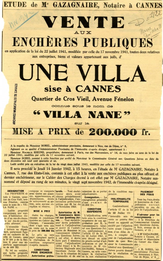 Vente de biens appartenant aux Isralites, la villa Nane, 1942 (2S927)