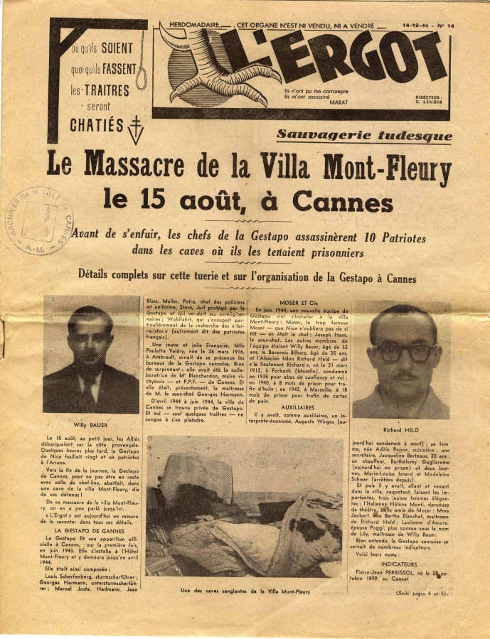 Article de presse du journal l'Ergot sur le massacre de la villa Mont-Fleury, 1944 (4H69)