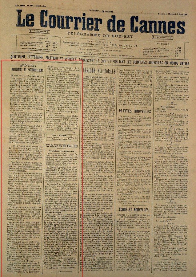 Commentaires sur l'entente signe, 13 avril 1904, dans 'Le Courrier de Cannes'