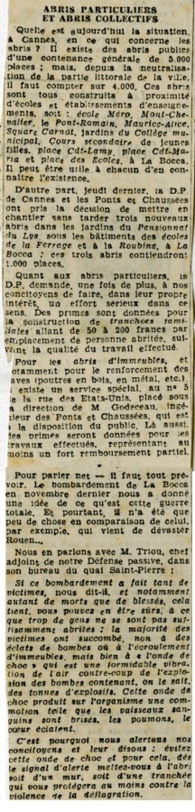 Article de presse du journal L'Eclaireur de Nice sur les abris personnel, 24 avril 1944 (4H13)