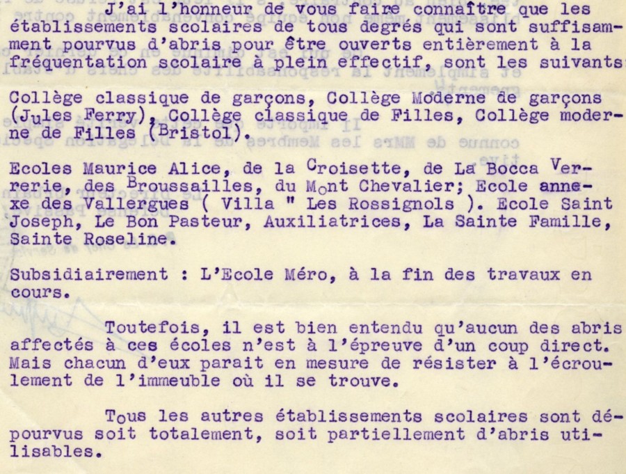 Lettre du directeur urbain de la défense passive au maire de Cannes,  liste des écoles avec abris, 17 novembre 1943 (4H15)