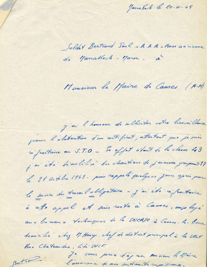 Lettre d'un rfractaire au Service du Travail Obligatoire, 1945 (4H53)